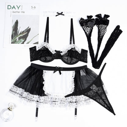 Uniforme Sexy en dentelle multicouche, bas en maille, couleur contrastée, noir et blanc, ensemble de 5 pièces