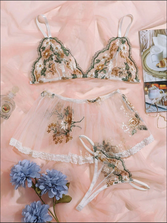 Sexy Lingerie Embroidery Sexy Perspective Lace Sexy Sleepwear Three-Point Suit