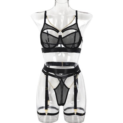 Best Women Clothes Push up Underwear Metal Decorative Wire Mesh Hole Hollow Out Cutout Sexy Three Piece Set