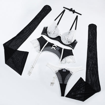 Sexy Bra Set Lace Mesh Patchwork Contrast Color Sexy Lingerie Five Piece Set