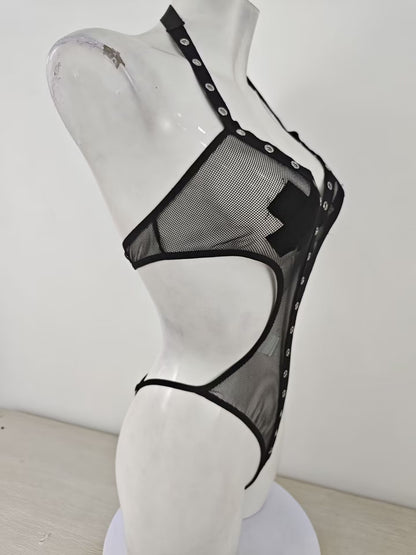 Sexy Hollow Out Cutout See through Mesh Rivet Jumpsuit Sexy Lingerie Suit