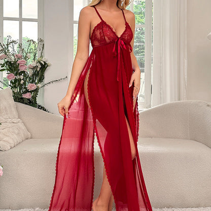 Sexy Temptation See Through Deep V Plunge Neck Split Sexy Bowknot Underwear Suit