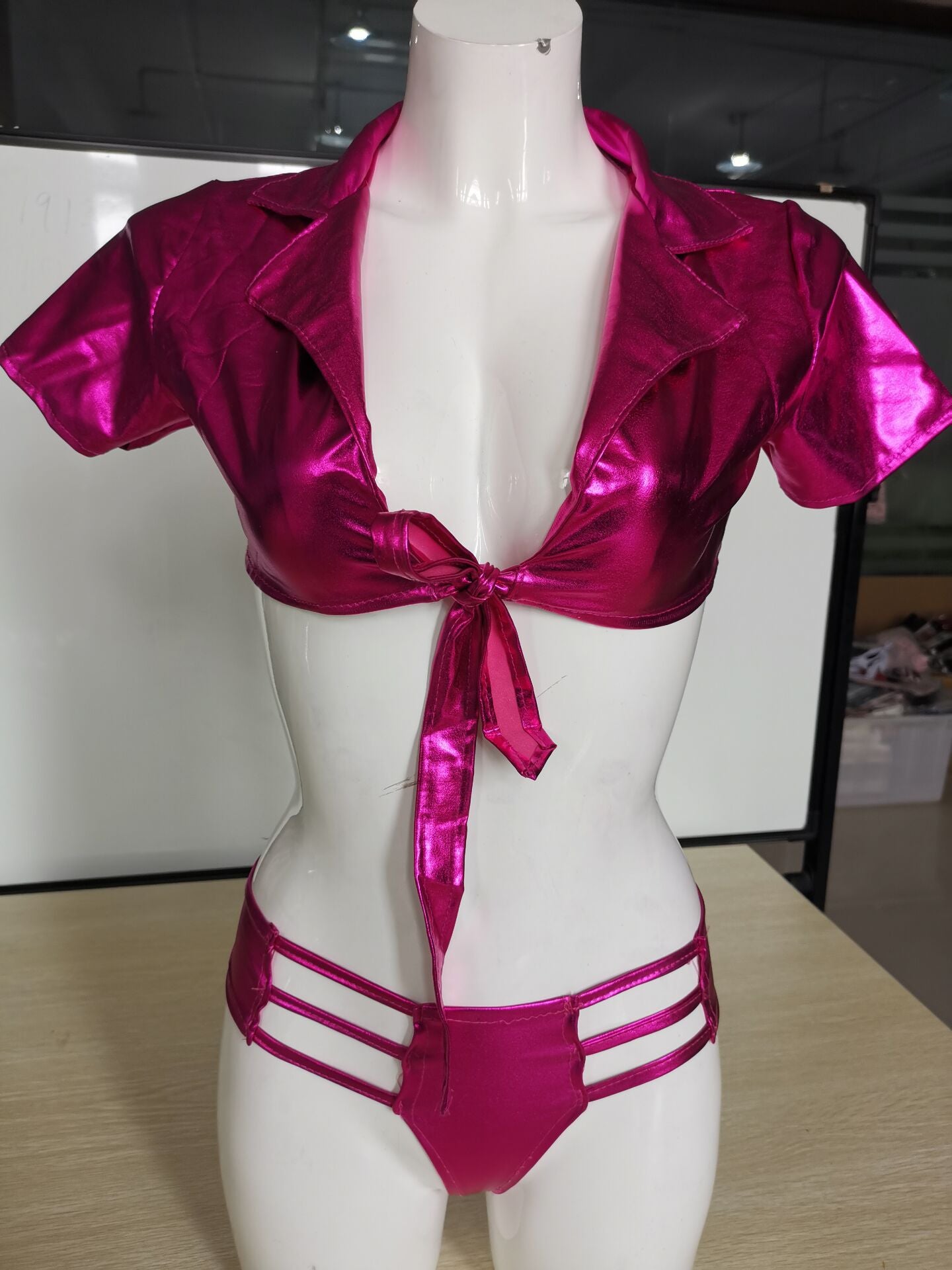 Pink Patent Leather Top Push up Bikini Sexy Underwear