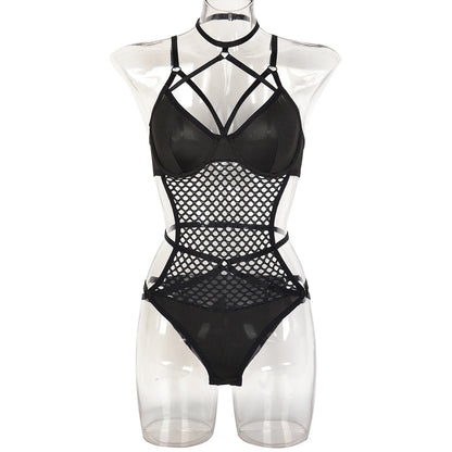 Trendy Large Mesh Hole Hollow Out Cutout out Complex Cross Strap Sexy Inner Wear Jumpsuit Hidden Hook Detachable