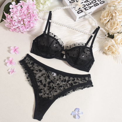 Sexy Lace Underwear Ultra Thin See Through Heart Shaped Flocking Lingerie Set Large Boob Concealing Bra