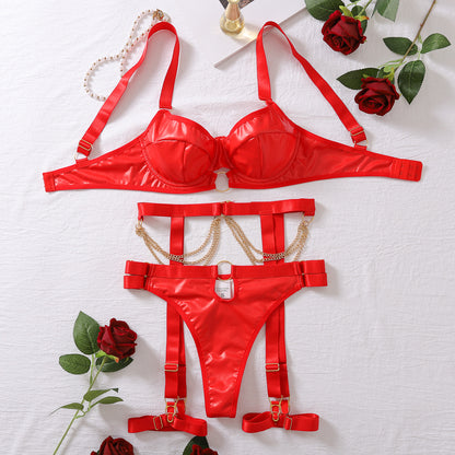 Nightclub Temptation Metal Chain Sexy Lingerie Set Girls Charming Adjustable Bra Four Piece Set