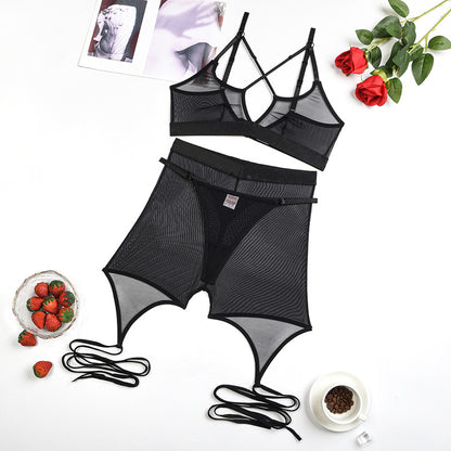 Solid Color Sheer Mesh Cross Sexy Shapewear Three Piece Set