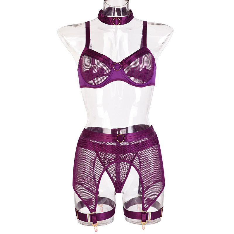 Sexy Mesh Stitching Four-Piece Underwear with Halter Waist Seal