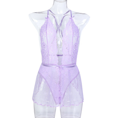 Women Clothing Underwear Sexy Polka Dot Sheer Mesh Lace Crystal Buckle Pure Shu Slip Nightdress