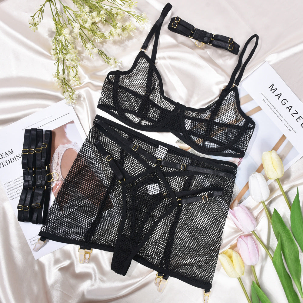Lingerie Sexy Underwear Women Clothing Grid Transparent Temptation Uniform Five Piece Set