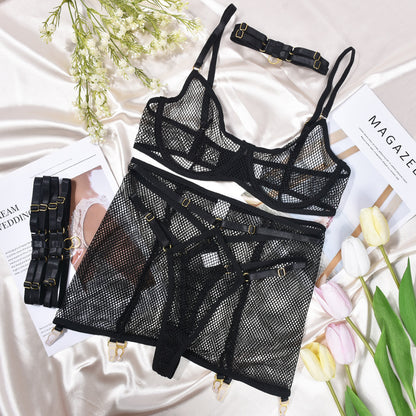 Lingerie Sexy Underwear Women Clothing Grid Transparent Temptation Uniform Five Piece Set