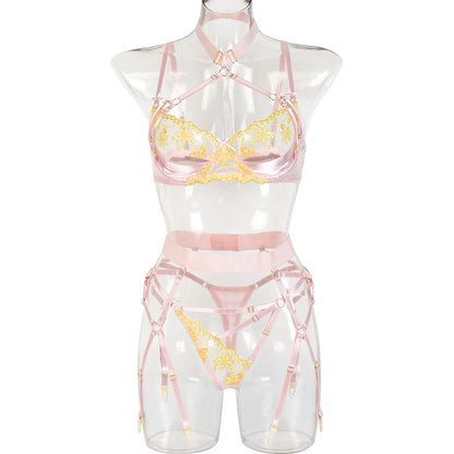 Summer Sexy Four Piece Set High End Satin Embroidery Stitching Complex Heavy Craft Halter Underwear