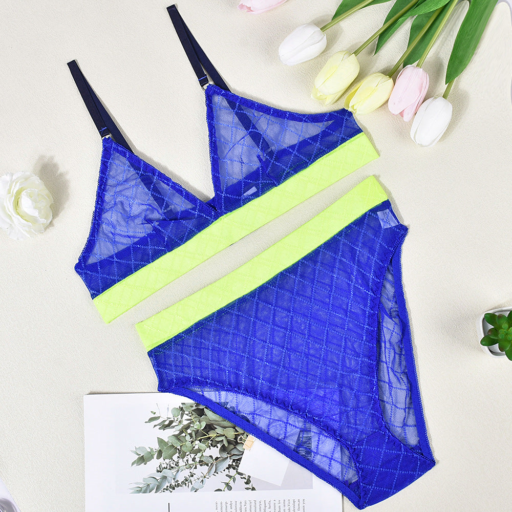 Sexy Underwear at Contrast Color Jacquard Mesh Sexy Sling Pajamas Suspenders Suit Women