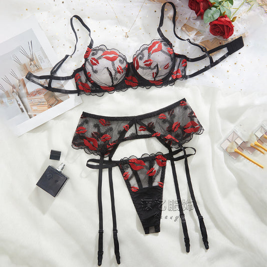Sexy Underwear Garter Belt Three Piece Set Valentine Day Red Lip Mesh Embroidery Sexy Underwear