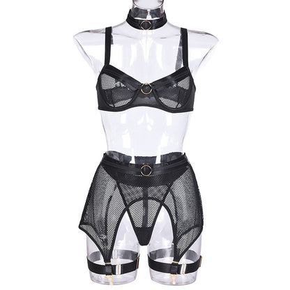 Sexy Mesh Stitching Four-Piece Underwear with Halter Waist Seal
