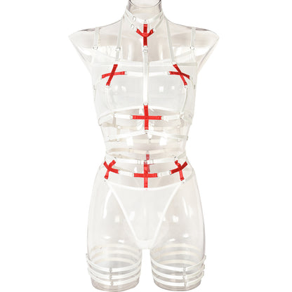 Women Clothing Complex Lace up Cross Halter Sexy Mesh See through Underwear Three Piece Set