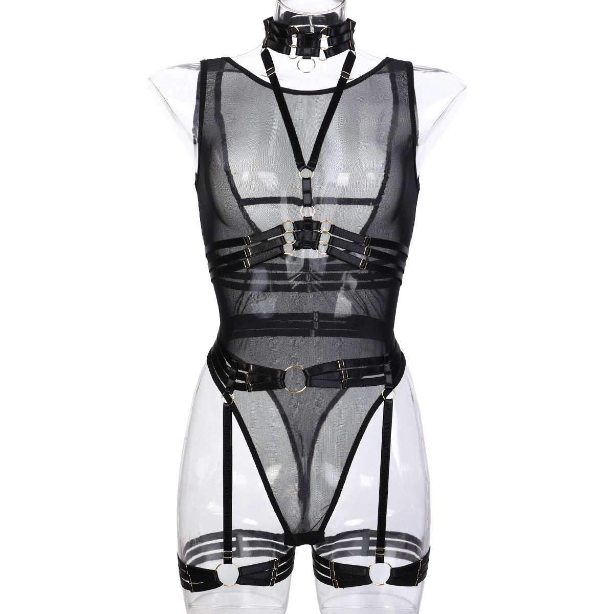 Sexy Jumpsuit Mesh Strap Stitching Complex Heavy Craft Neck Sling Leg Ring