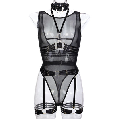 Sexy Jumpsuit Mesh Strap Stitching Complex Heavy Craft Neck Sling Leg Ring