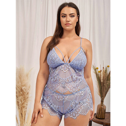 Plus Size See-through Sexy Lingerie Sexy Lace Deep V Plunge Plunge Transparent Suspender Split Backless Open Sexy Underwear