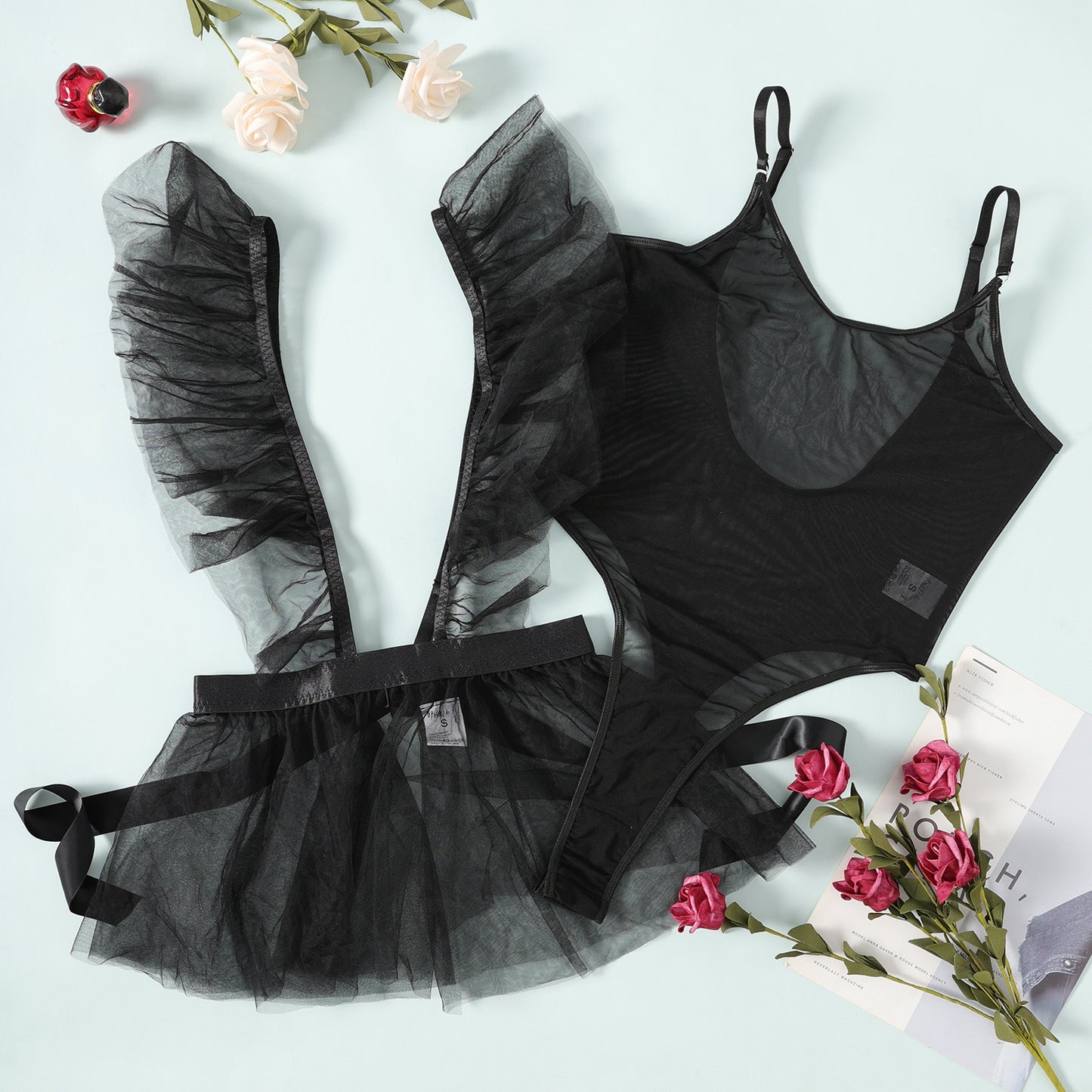 Lace Mesh See through Thin Backless Corset Sexy Lingerie Set
