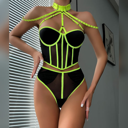 Sexy Suit Mesh Strap Stitching Complex Heavy Craft Metal Halter
