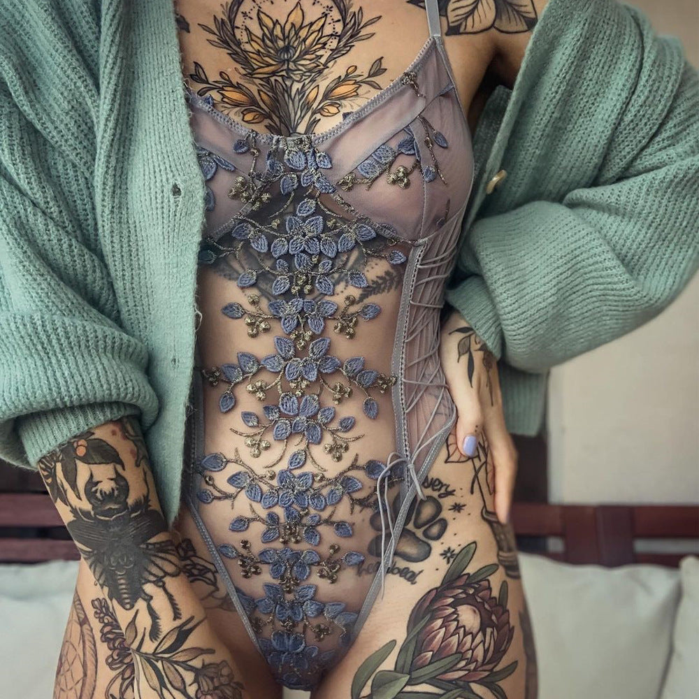 Sexy Lingerie Sexy Lace Mesh See through Embroidery Tied Jumpsuit