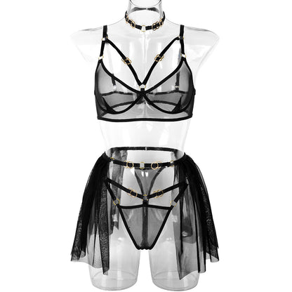 Red Valentine Day Perspective Sexy Lingerie Personality Metal Ring Buckle Mesh Cute Girl Piece Set