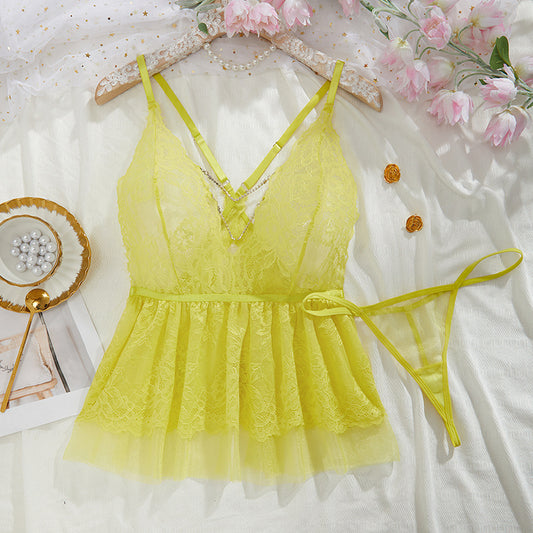 Sexy Sexy Lingerie Lace Perspective Temptation Nightdress Thong Two Piece Suit