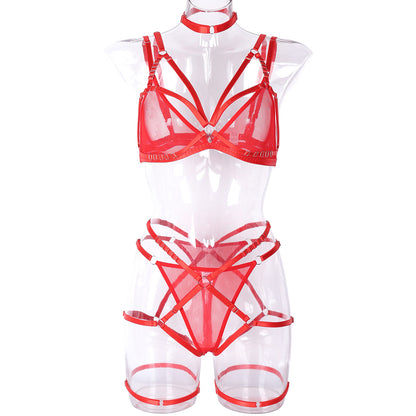 Sexy 5 Piece Set Autumn Mesh Stitching Sexy with Neck Foot Ring