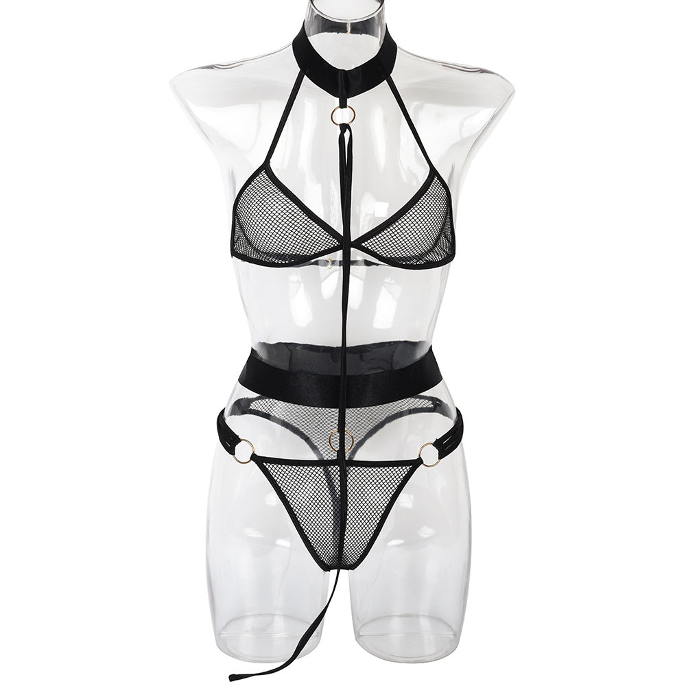 Sexy Lingerie High Elastic Mesh Halter Lace Up Sexy Belt Sexy Suit
