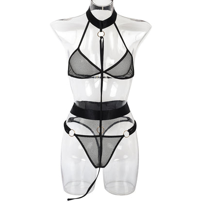 Sexy Lingerie High Elastic Mesh Halter Lace Up Sexy Belt Sexy Suit