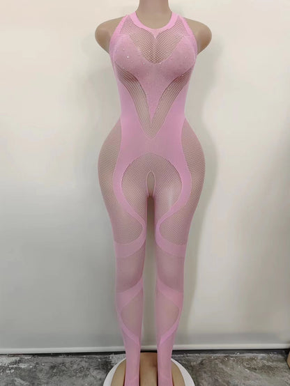 Women Rhinestone Halter One Piece Sexy Shiny Fishnet Clothes