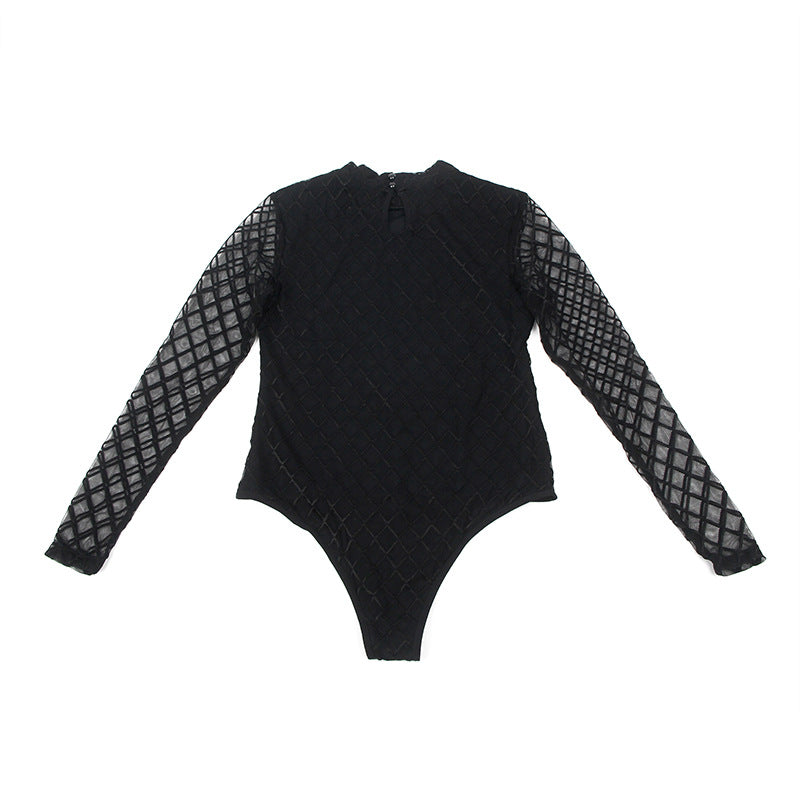 Sexy Lingerie Long Sleeve Rhombus Slim Fit Sexy Jumpsuit Black Slimming Thin Inner Wear Outer Wear Women