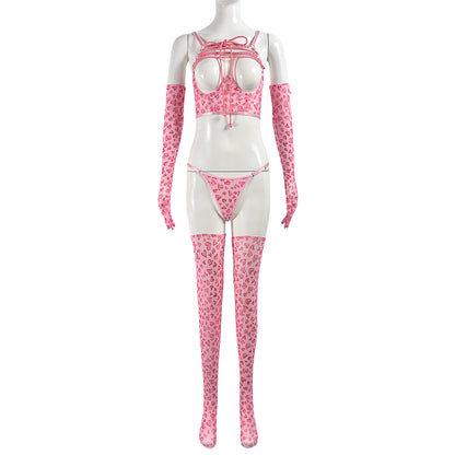 Sexy Underwear Pink Leopard Sexy Cutout Socks Rope With Gloves