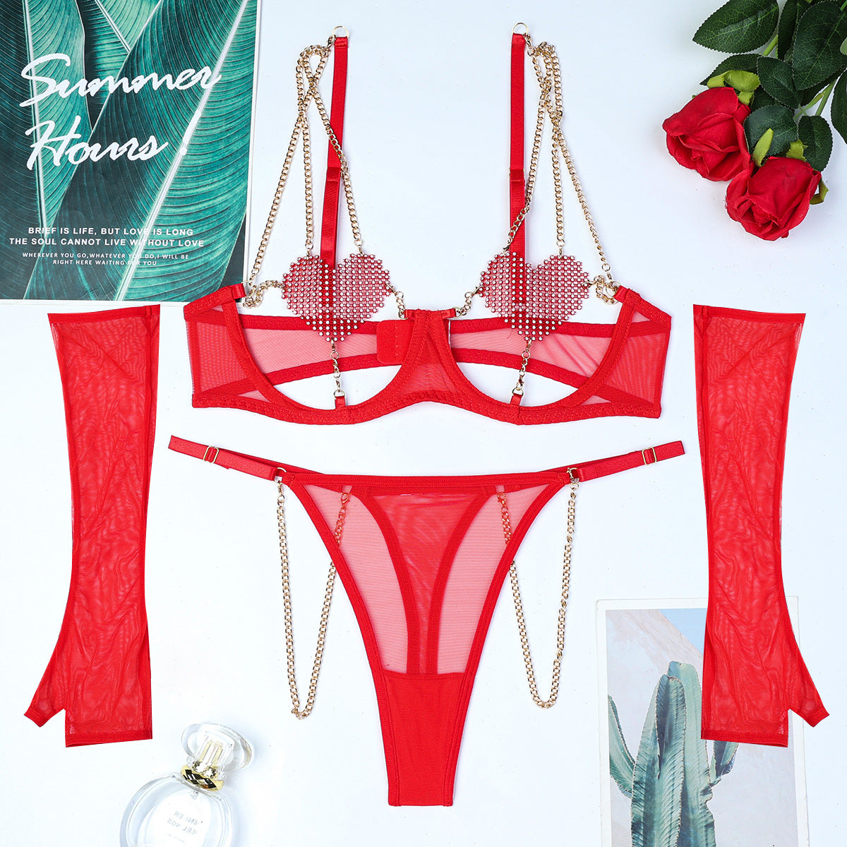 Christmas Festival Red Year Love Crystal Stitching Metal Chain Hollow Out Cutout out Sexy Underwear Four Piece Set