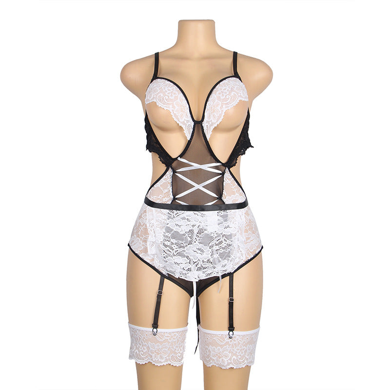 Sexy Lingerie White Lace Sexy Garter Suit Maid Costume With Leg Ring
