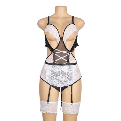 Sexy Lingerie White Lace Sexy Garter Suit Maid Costume With Leg Ring