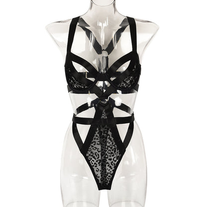 Sexy Jumpsuit Nightclub Underwear Sexy Mesh Stitching Body Sculpting Strap Steel Ring