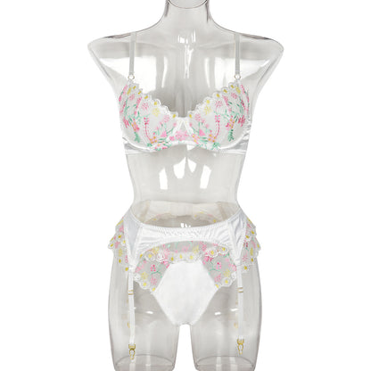 Women Clothing Sexy Lingerie Exquisite Embroidered Floral Stitching Satin Fresh Sweet Three Piece Set