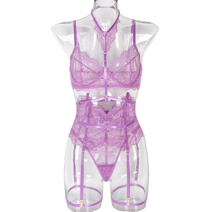 Sexy Three Piece Summer Lace Eyelash Lace Stitching with Halter Foot Ring