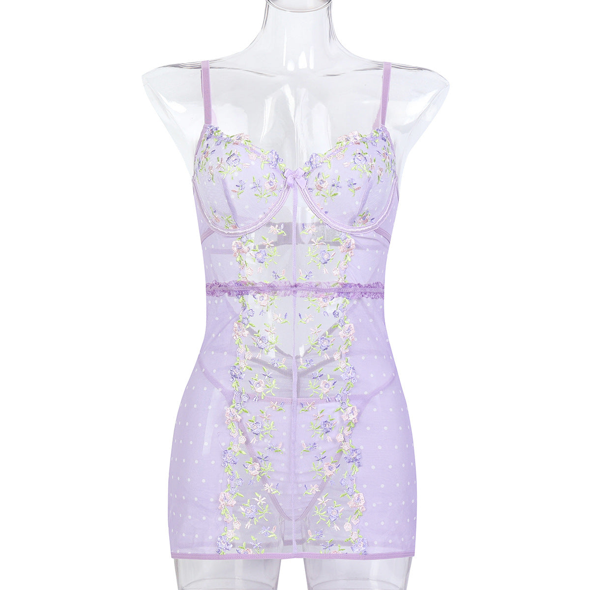 Women Embroidered Small Floral Stitching Tight Dress Sling See through Pajamas
