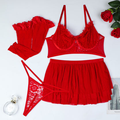 Socks Included Sexy Lingerie Red Festive Mesh Multi Layer Lace Stitching