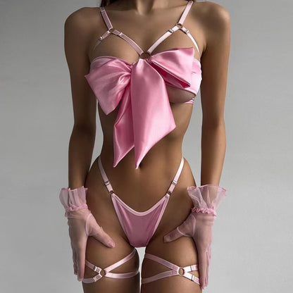 Lingerie Sexy Lingerie Exquisite Bow Hollow Out Cutout Sexy Three Piece Set With Steel Ring