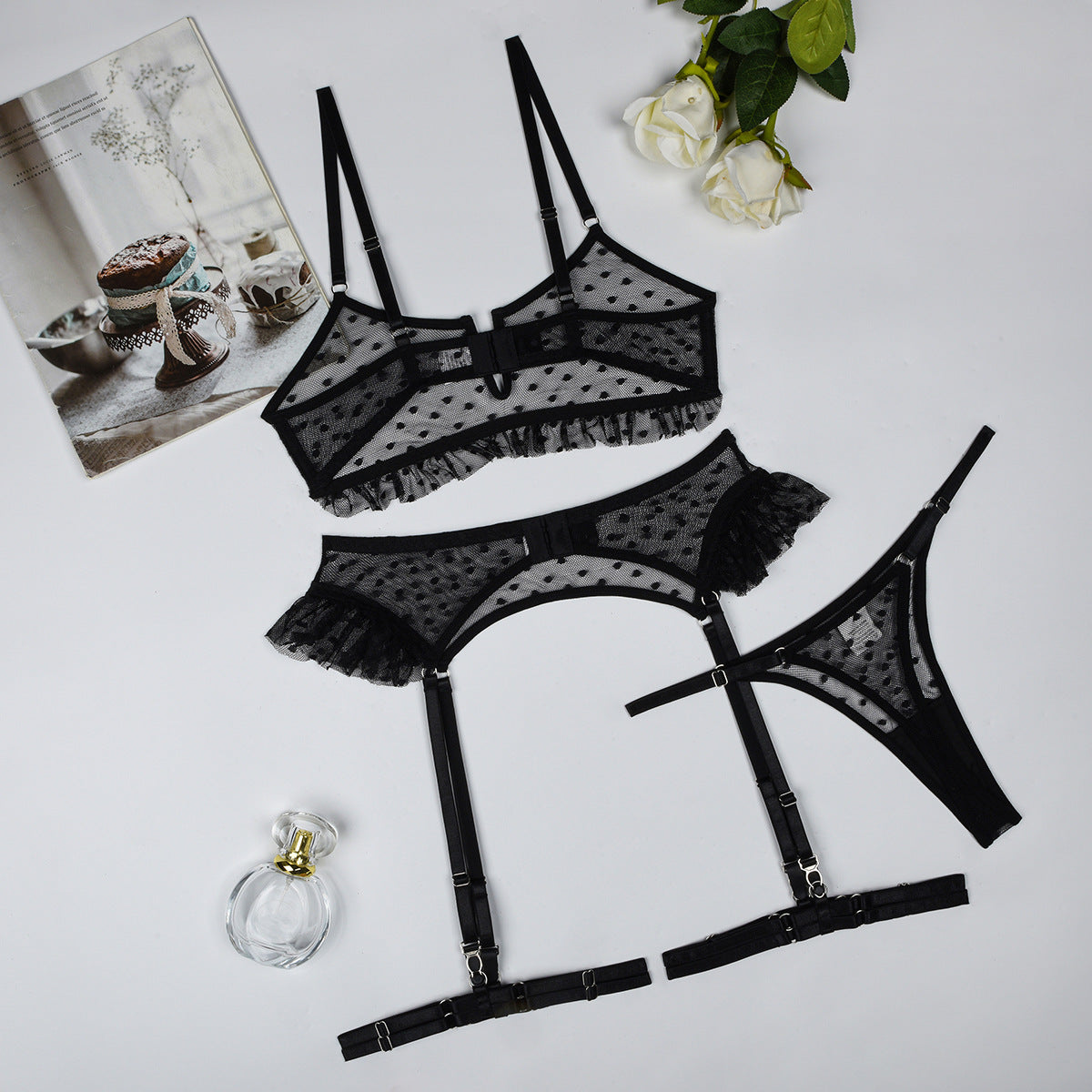 Spring Sexy Lingerie See Through Net Falbala Garter Leg Circle Sexy Four Piece Set