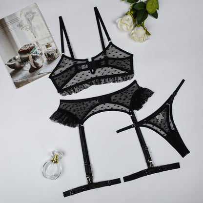 Spring Sexy Lingerie See Through Net Falbala Garter Leg Circle Sexy Four Piece Set