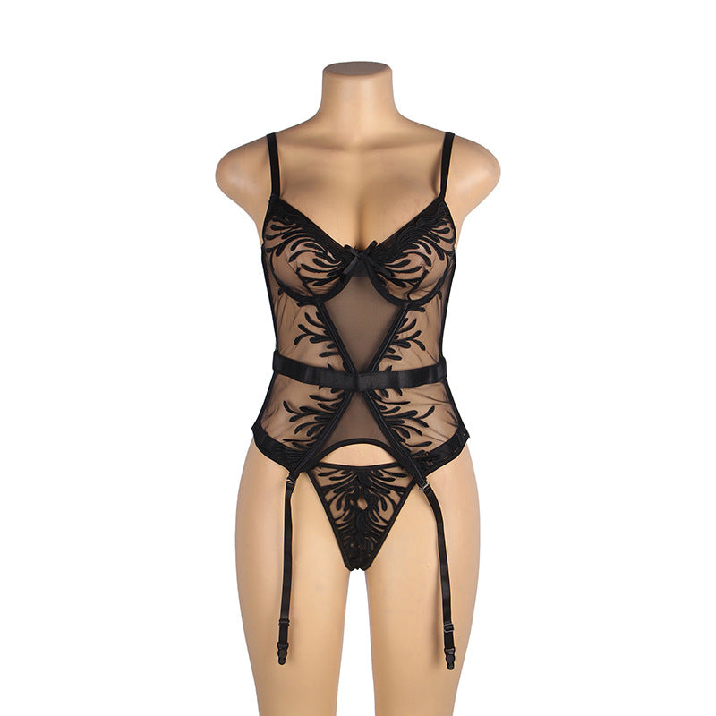 Plus Size Sexy Lingerie Sexy Embroidery Steel Ring Breasted Corset Hollow Out Cutout out See through Garter Two Piece Set