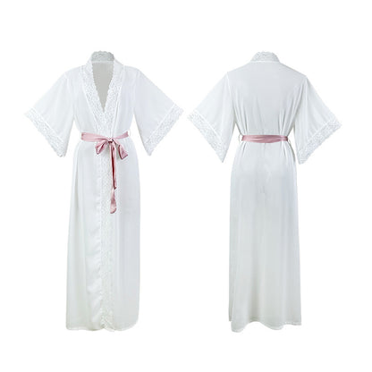 Chemise de nuit Sexy en mousseline de soie, peignoir Long, pyjama pour femmes, manches longues, dentelle, couture en Satin, vêtements de maison