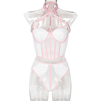 Sexy Suit Mesh Strap Stitching Complex Heavy Craft Metal Halter