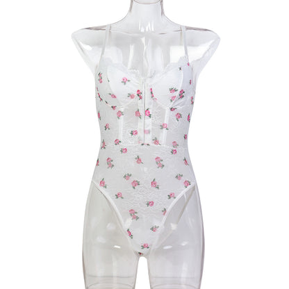Women Clothing Lace Print Fresh Loli Sling Sheath Tight Jumpsuit
