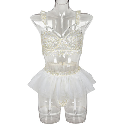 White Wedding Lace Stitching Suit Three Layer Folding Puffy Three Dimensional Mesh Three Piece Set